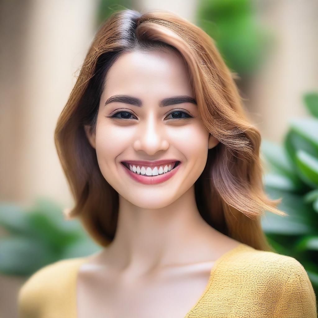 A beautiful woman with shoulder-length hair and yellowish skin tone, wearing modest clothing and smiling without showing her teeth