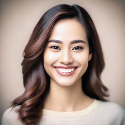 A beautiful woman with shoulder-length hair and yellowish skin tone, wearing modest clothing and smiling without showing her teeth