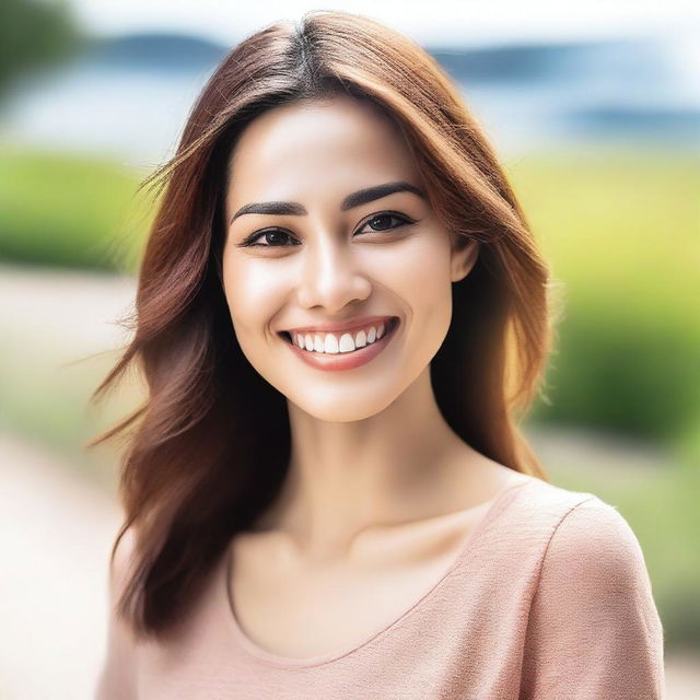 A beautiful woman with shoulder-length hair and yellowish skin tone, wearing modest clothing and smiling without showing her teeth