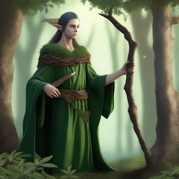 Create an image of a druid wood elf holding a sickle