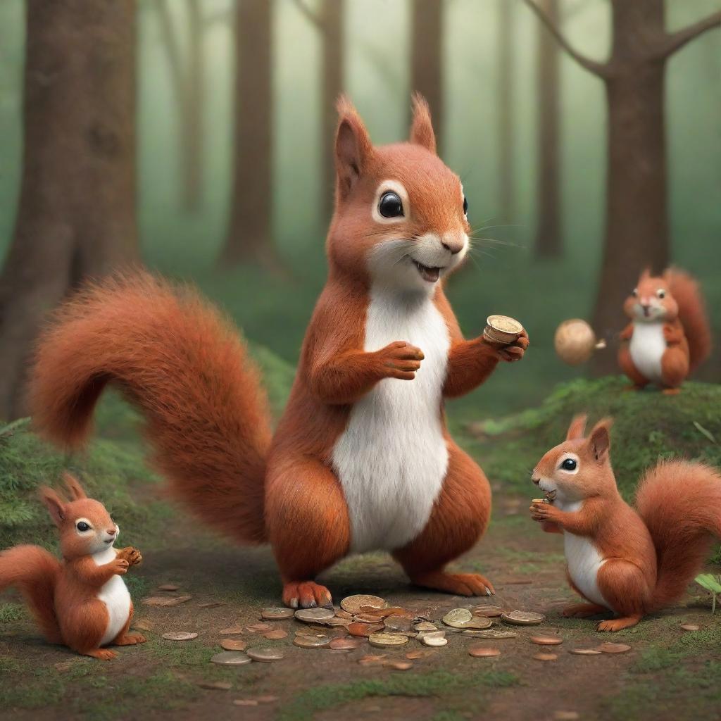 2D illustration of a generous squirrel distributing coins to a collection of enthusiastic forest animals.