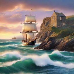 A captivating romance book cover featuring a majestic ship sailing along the rugged Cornwall coast