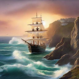 A captivating romance book cover featuring a majestic ship sailing along the rugged Cornwall coast