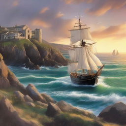 A captivating romance book cover featuring a majestic ship sailing along the rugged Cornwall coast