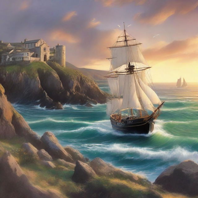 A captivating romance book cover featuring a majestic ship sailing along the rugged Cornwall coast