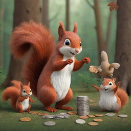 2D illustration of a generous squirrel distributing coins to a collection of enthusiastic forest animals.