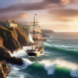 A captivating romance book cover featuring a majestic ship sailing along the rugged Cornwall coast