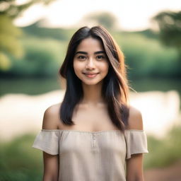 A 22-year-old girl named Sila with shoulder-length hair and light olive skin, standing in a serene environment