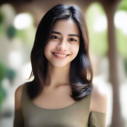 A 22-year-old girl named Sila with shoulder-length hair and light olive skin, standing in a serene environment