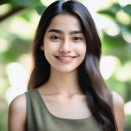 A 22-year-old girl named Sila with shoulder-length hair and light olive skin, standing in a serene environment