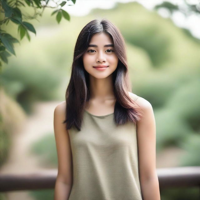 A 22-year-old girl named Sila with shoulder-length hair and light olive skin, standing in a serene environment