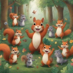 2D illustration of a jubilant squirrel and an assortment of delighted animals enjoying themselves in a lush, lively forest.