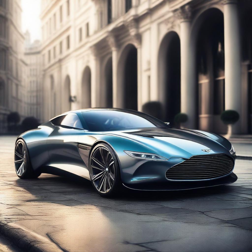 An epic rendering of an Aston Martin concept car, showcasing sleek and futuristic design elements