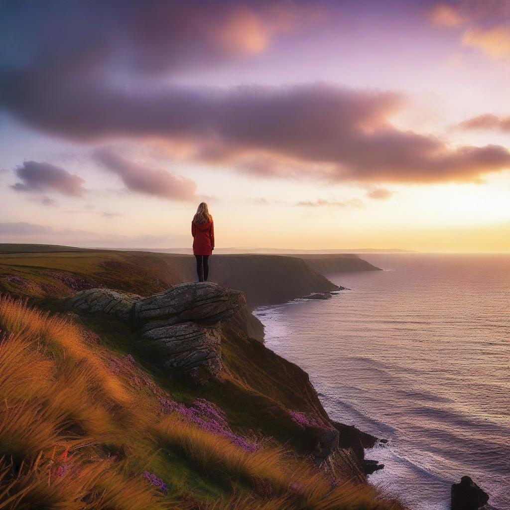 A woman standing on a cliff looking out into the setting sun in Cornwall