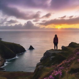 A woman standing on a cliff looking out into the setting sun in Cornwall