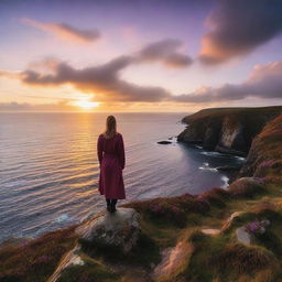 A woman standing on a cliff looking out into the setting sun in Cornwall