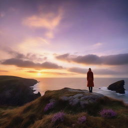 A woman standing on a cliff looking out into the setting sun in Cornwall