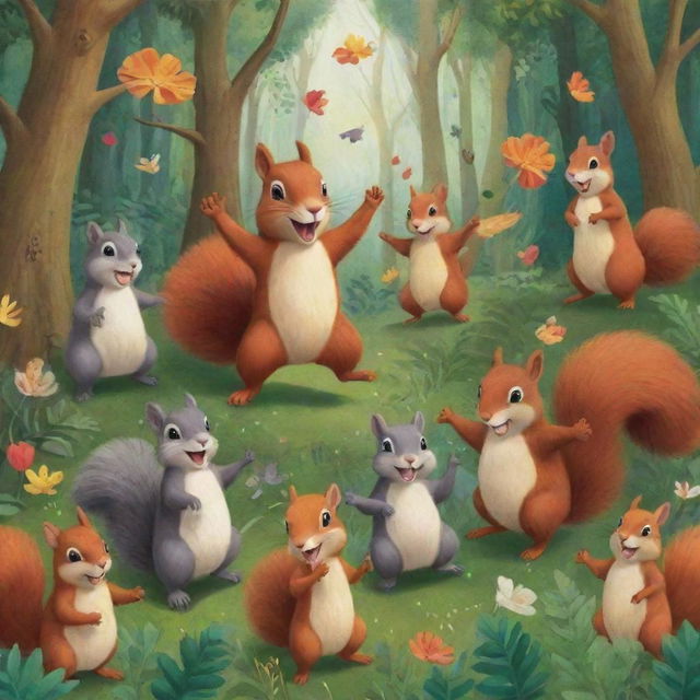 2D illustration of a jubilant squirrel and an assortment of delighted animals enjoying themselves in a lush, lively forest.