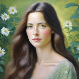 A beautifully detailed portrait of a woman with long brown hair and green eyes