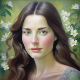 A beautifully detailed portrait of a woman with long brown hair and green eyes