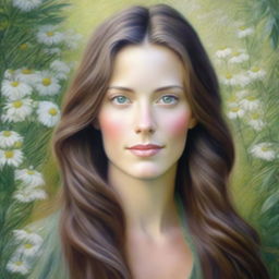 A beautifully detailed portrait of a woman with long brown hair and green eyes