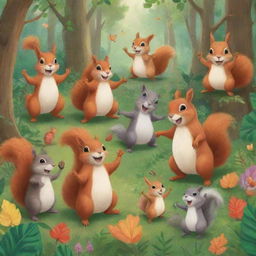 2D illustration of a jubilant squirrel and an assortment of delighted animals enjoying themselves in a lush, lively forest.