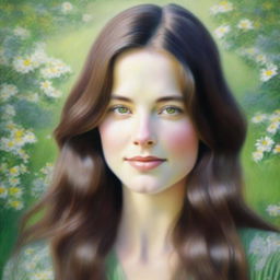 A beautifully detailed portrait of a woman with long brown hair and green eyes