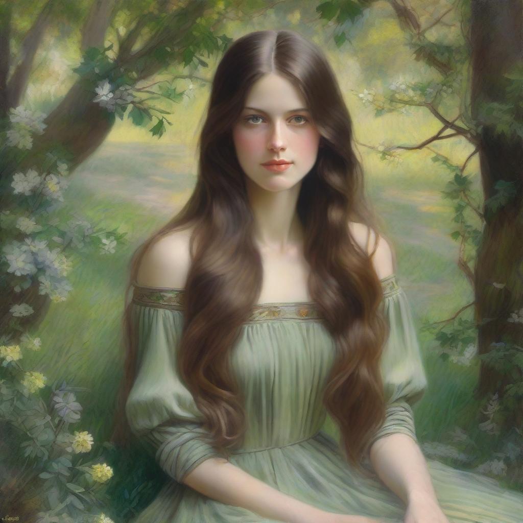 A beautifully detailed portrait of a woman with long brown hair and green eyes, the same woman as previously depicted