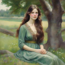 A beautifully detailed portrait of a woman with long brown hair and green eyes, the same woman as previously depicted