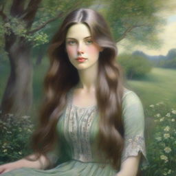 A beautifully detailed portrait of a woman with long brown hair and green eyes, the same woman as previously depicted