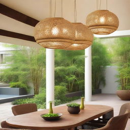 The image focuses on oval-shaped bamboo pendant lamps hanging from the ceiling of a terrace