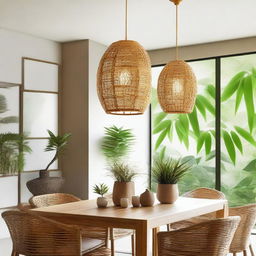 The image focuses on oval-shaped bamboo pendant lamps hanging from the ceiling of a terrace