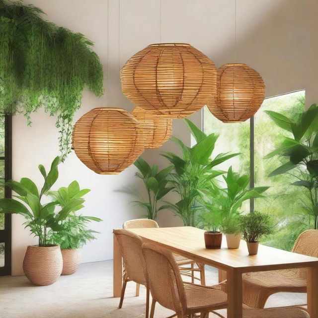 The image focuses on oval-shaped bamboo pendant lamps hanging from the ceiling of a terrace