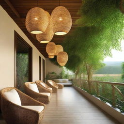 The image focuses on oval-shaped bamboo pendant lamps hanging from the ceiling of a terrace