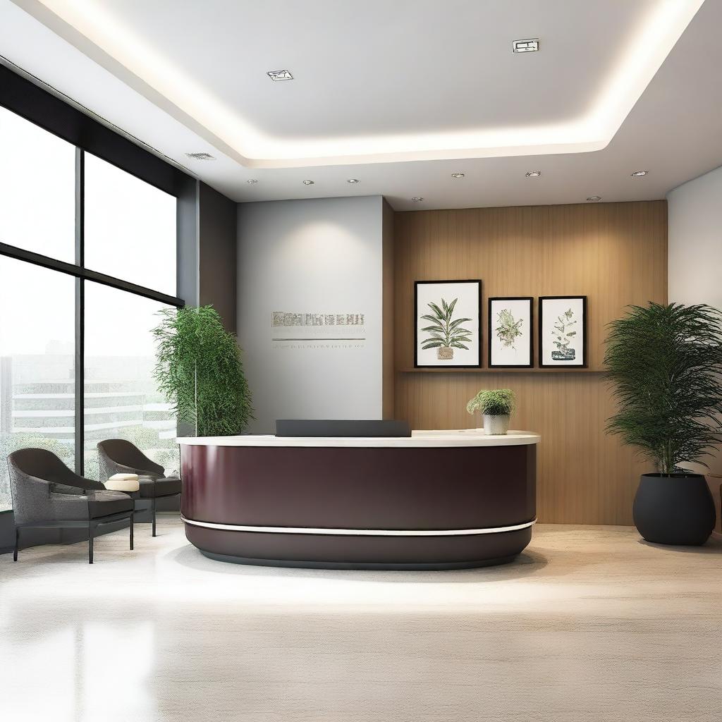 A modern and welcoming reception area with comfortable seating, a sleek reception desk, and stylish decor