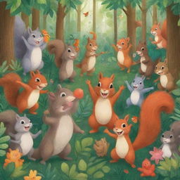 2D illustration of a jubilant squirrel and an assortment of delighted animals enjoying themselves in a lush, lively forest.