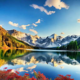 Create a visually appealing Facebook cover image featuring a beautiful landscape with mountains, lakes, and a clear blue sky