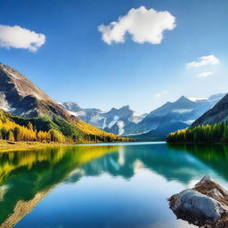 Create a visually appealing Facebook cover image featuring a beautiful landscape with mountains, lakes, and a clear blue sky