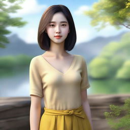 A hyper-realistic and lifelike depiction of a character named Sila, a 22-year-old woman with shoulder-length hair and a yellowish skin tone