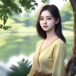 A hyper-realistic and lifelike depiction of a character named Sila, a 22-year-old woman with shoulder-length hair and a yellowish skin tone