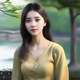 A hyper-realistic and lifelike depiction of a character named Sila, a 22-year-old woman with shoulder-length hair and a yellowish skin tone