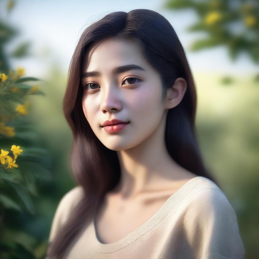 Create an ultra-realistic depiction of a character named Sila, a 22-year-old woman with shoulder-length hair and a yellowish skin tone