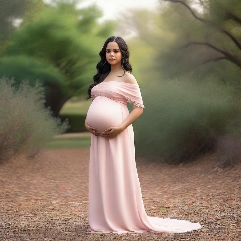 A realistic portrayal of Jenna Ortega, a famous actress, in a serene and elegant setting, depicted as being pregnant