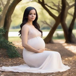 A realistic portrayal of Jenna Ortega, a famous actress, in a serene and elegant setting, depicted as being pregnant