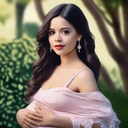 A realistic portrayal of Jenna Ortega, a famous actress, in a serene and elegant setting, depicted as being pregnant