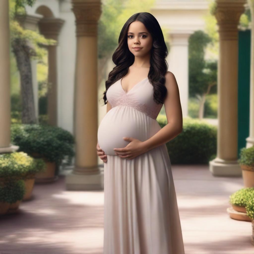 A realistic portrayal of Jenna Ortega, a famous actress, in a serene and elegant setting, depicted as being pregnant