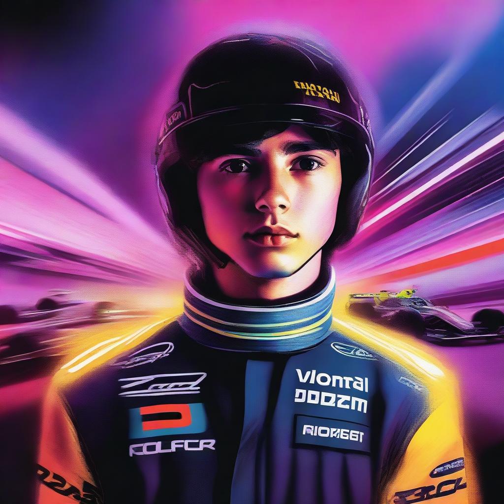 On the cover, a young driver with dark hair and a Formula 1 suit looks determined, surrounded by a blurred circuit illuminated by neon lights