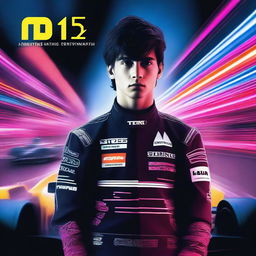 On the cover, a young driver with dark hair and a Formula 1 suit looks determined, surrounded by a blurred circuit illuminated by neon lights