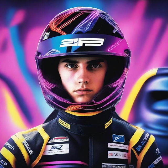 On the cover, a young driver with dark hair and a Formula 1 suit looks determined, surrounded by a blurred circuit illuminated by neon lights