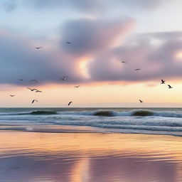 A serene ocean scene at dawn with the first light of the sun reflecting off the water